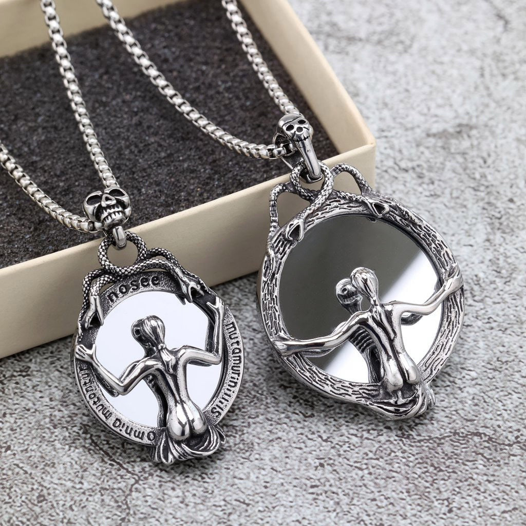 Planderful Bold Stainless Steel Skull Mirror Pendant Necklace Unisex Punk Jewelry Gift For Him And Her