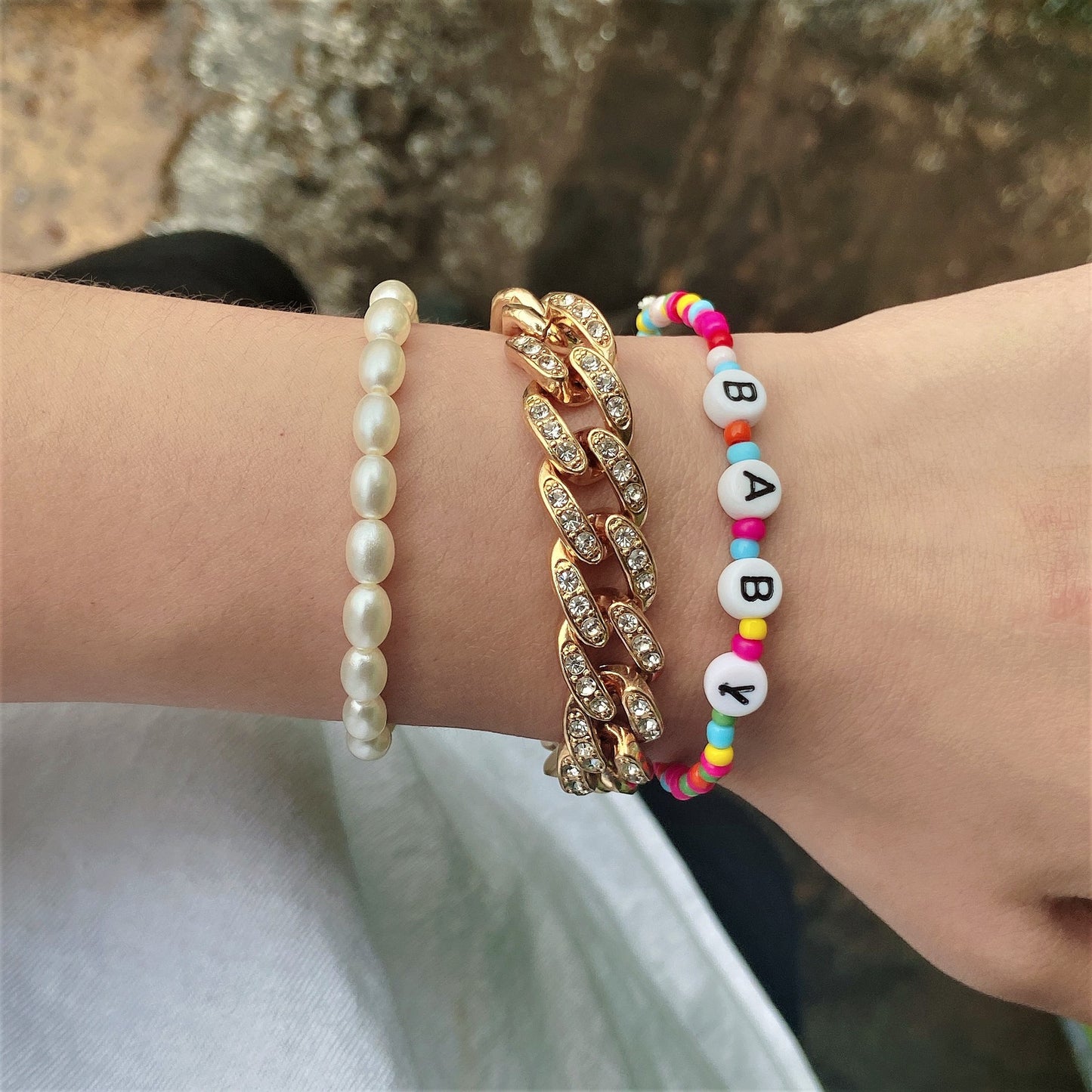 Planderful Vienna Verve Pearl Letter Bracelet For Women With Imitation Pearl And Zircon Cuban Statement Beaded Chain