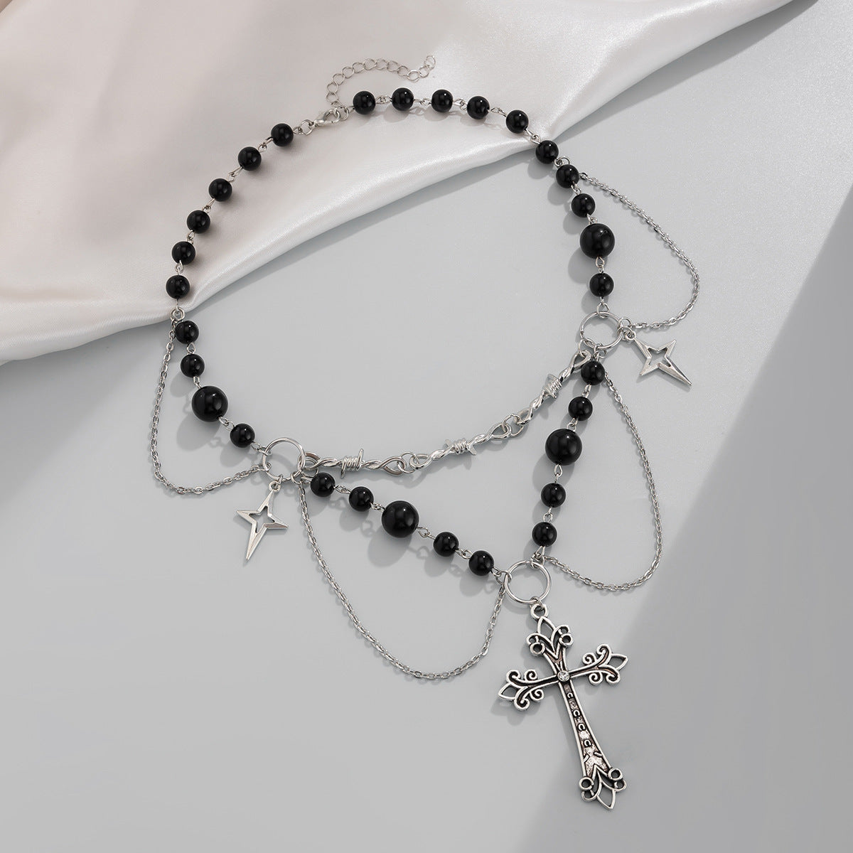 Bow, Cross & Pearl-Style Fringe Necklace