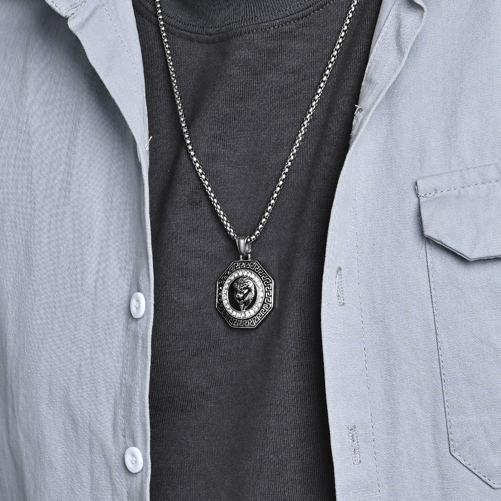 Steel Necklace – Statement Hip Hop Lion Head Zircon Inlay Pendant For Bold Everyday Style