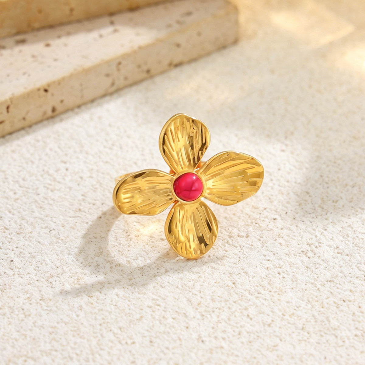 Planderful Vienna Verve Stainless Steel Flower Gemstones Opening Ring For Women Chic Vacation Style