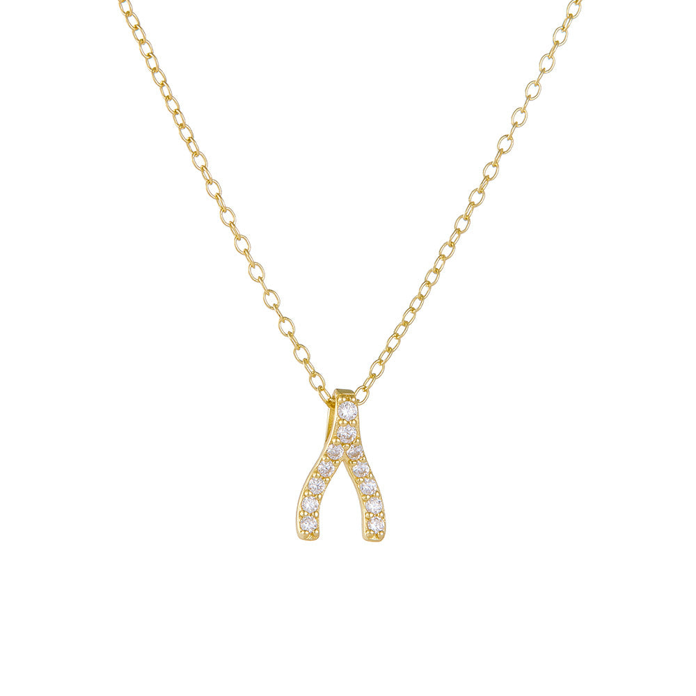 Korean Version Inlaid Zircon Necklace Geometric Herringbone Pendant S925 Sterling Silver Wishing Bone Women