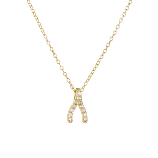 Korean Version Inlaid Zircon Necklace Geometric Herringbone Pendant S925 Sterling Silver Wishing Bone Women