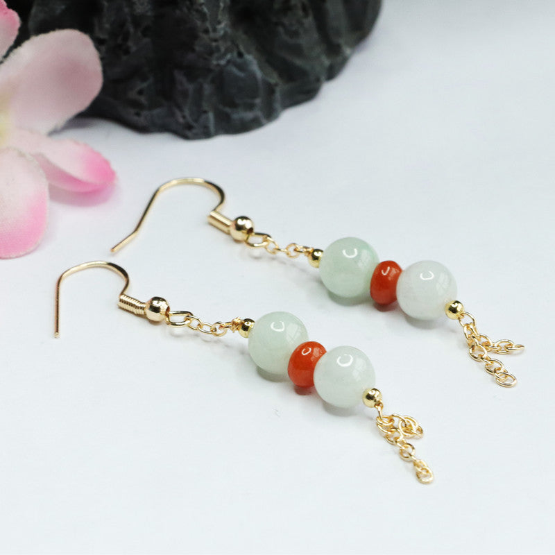 Jadeite Round Bead Tassel Hook Earrings