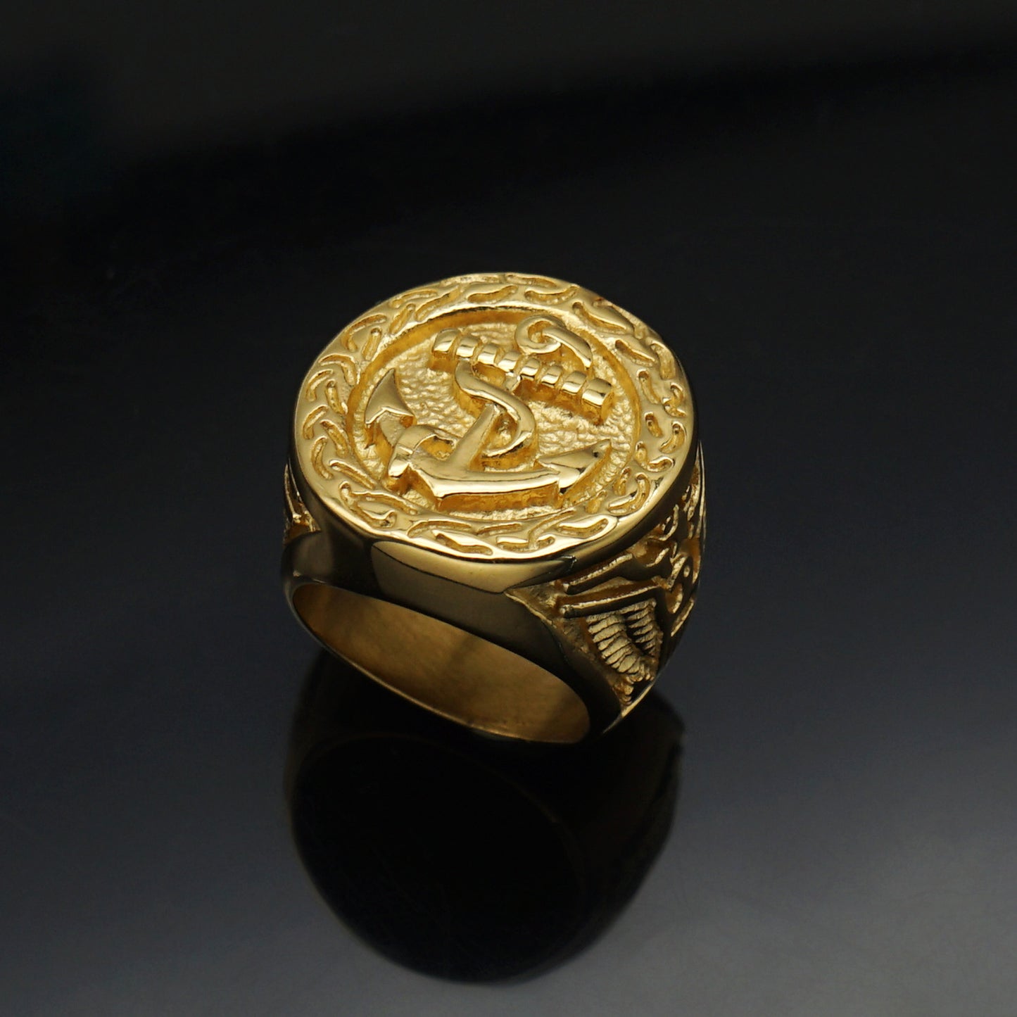 Planderful Hip Hop Ring Stainless Steel Gold Plated Eagle Anchor Durable For Men And Women
