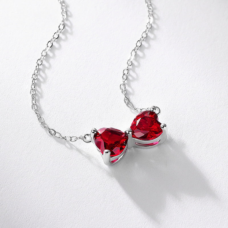 S925 Sterling Silver Lab-Grown Ruby Bow Pendant Necklace
