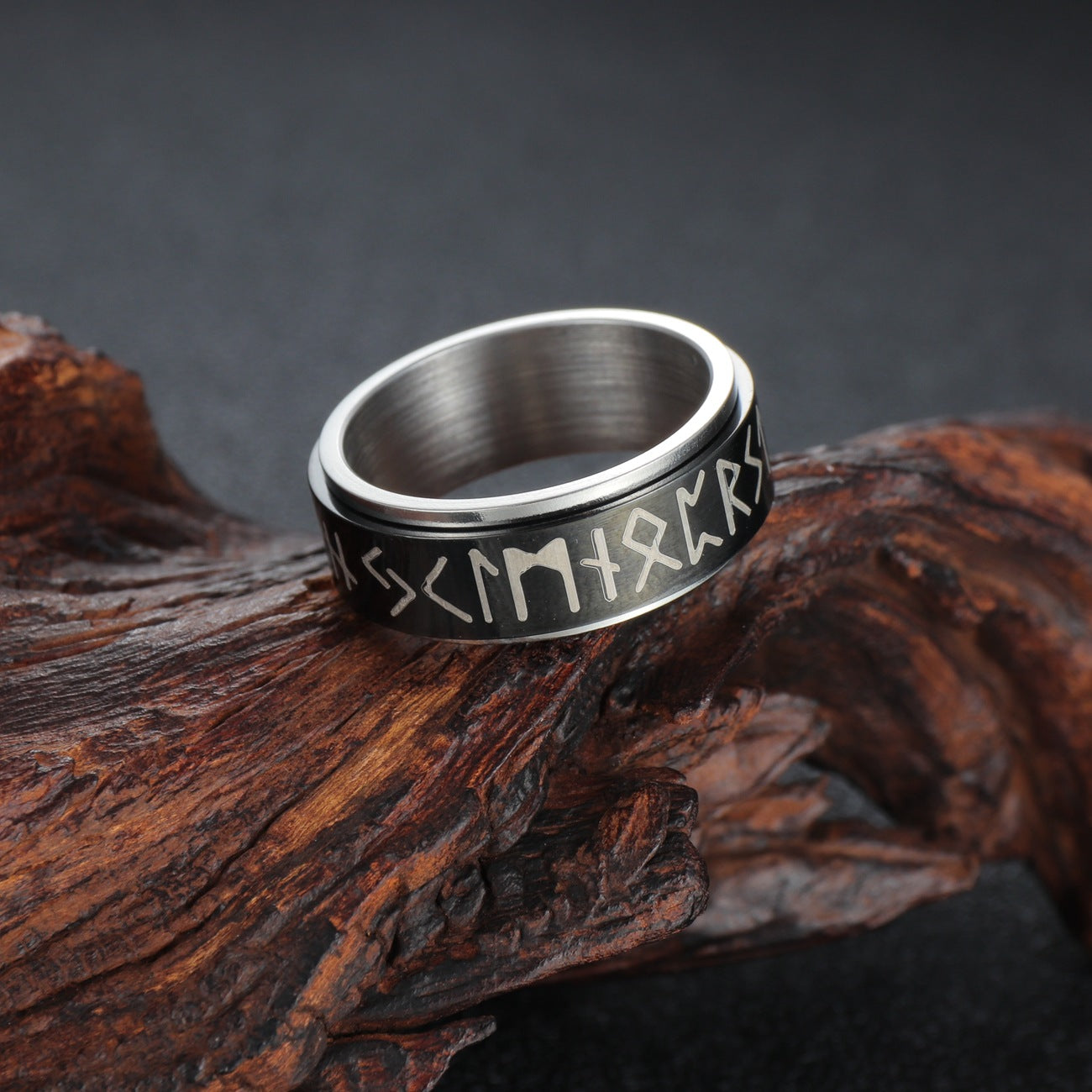 Viking Rune Steel Rotating Ring with Roman Numeral Design - Men's Handcrafted Stress Relief Jewelry