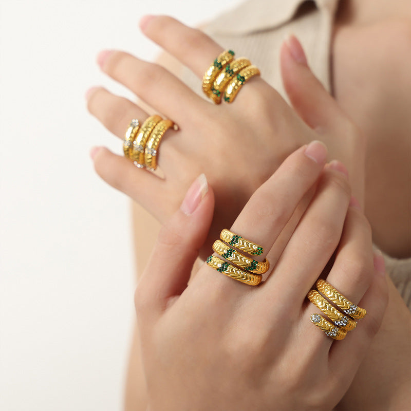 Luxury European-American Retro Style Gold-Plated Zircon Open Ring