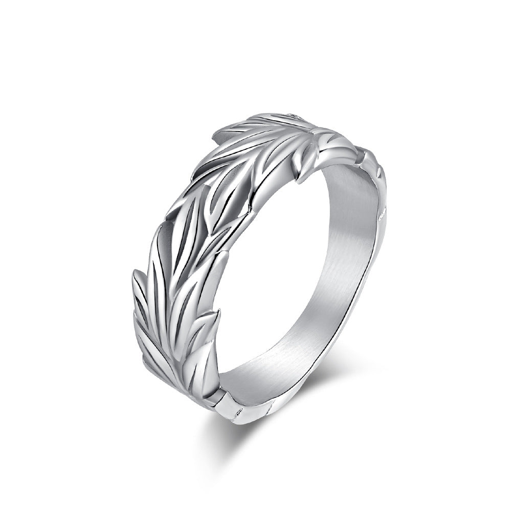 Cross-Border Retro Hemp Leaf Titanium Steel Ring for Men