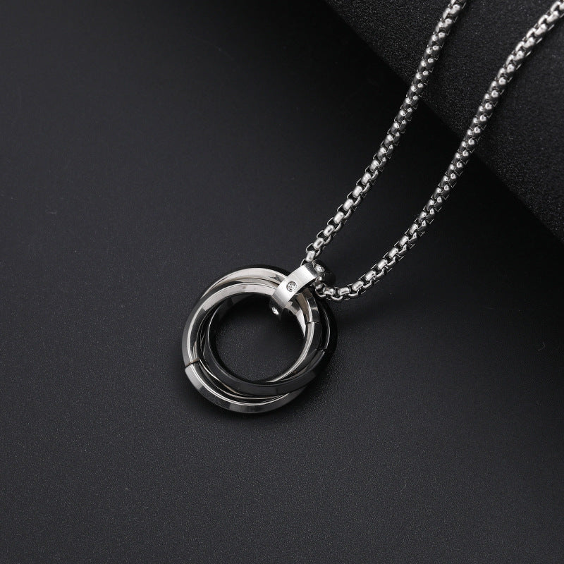 Mens Necklace Hip Hop Three Ring Pendant Titanium Steel Jewelry by Planderful Everyday Genie Collection