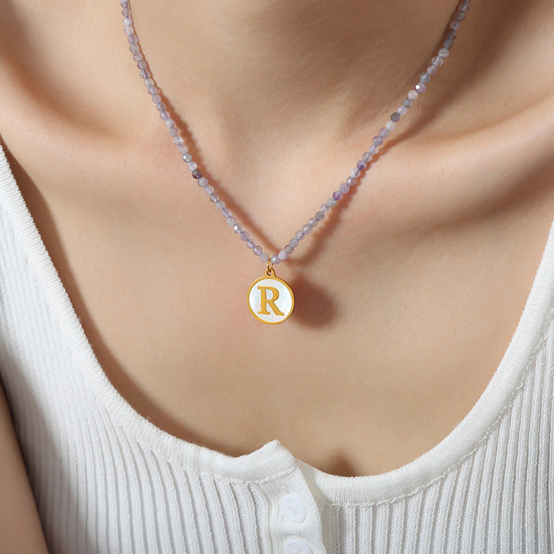 Luxurious Titanium Gold-Plated Mother-of-Pearl Pendant Necklace with Zircon Details