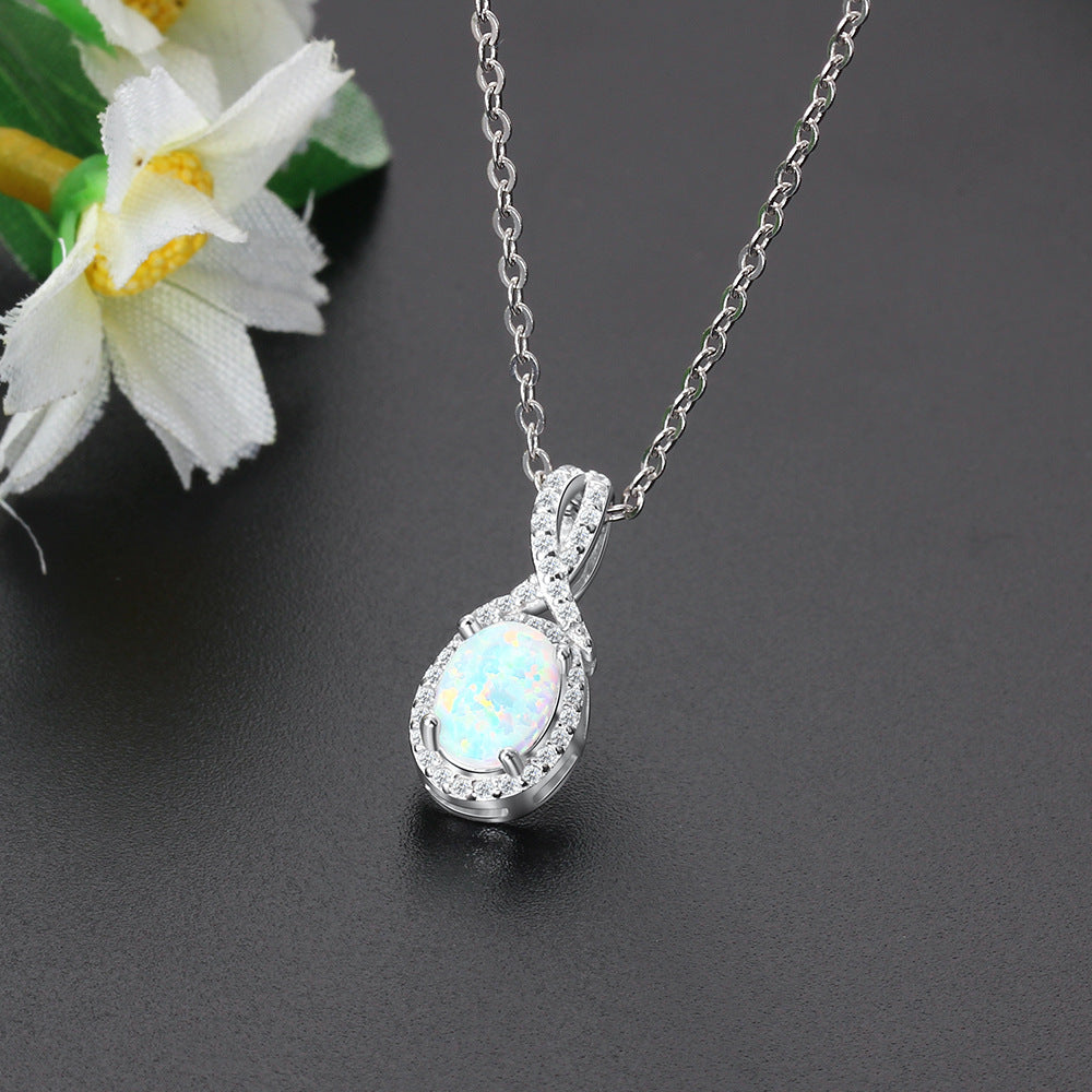 Planderful Jewelry Opal Necklace Sterling Silver Halo