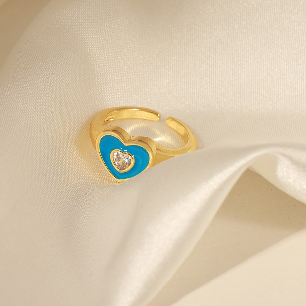 Heart Enamel Zircon Open Ring Jewelry in Copper - Fashionable European and American Design