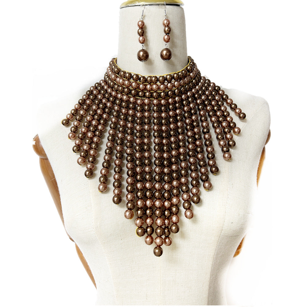 Exaggerated Triangular Scarf Necklace with Multi-layer Tassels and Imitation Pearl Accents