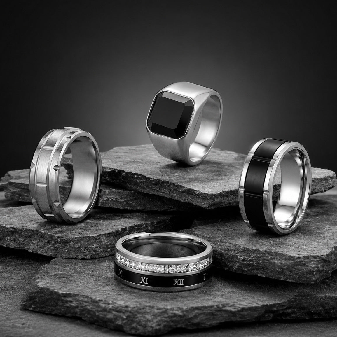 Planderful Everyday Genie Stainless Steel Gear Pattern Ring Versatile For Men And Unisex Zircon Inlaid Black Stone