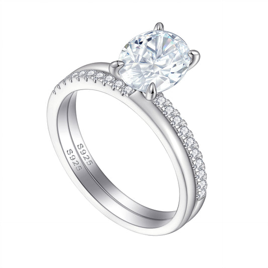 Planderful Sterling Silver 2ct Oval Zircon Ring Set for Women Premium Stacking Jewelry