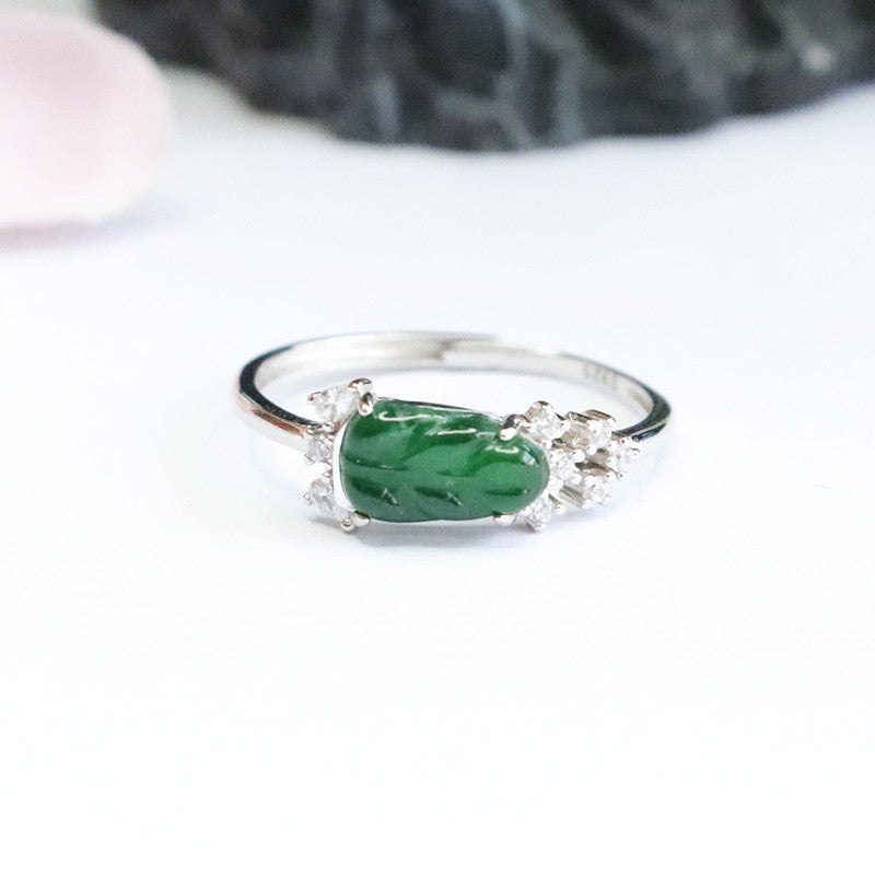 Ice Emperor Green Jade Leaf Sterling Silver Ring
