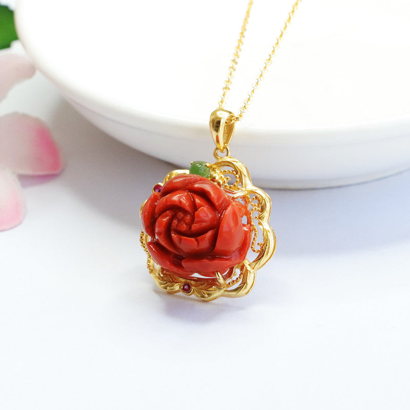 Baoshan Nanhong Agate Peony 925 Silver Pendant — No Chain