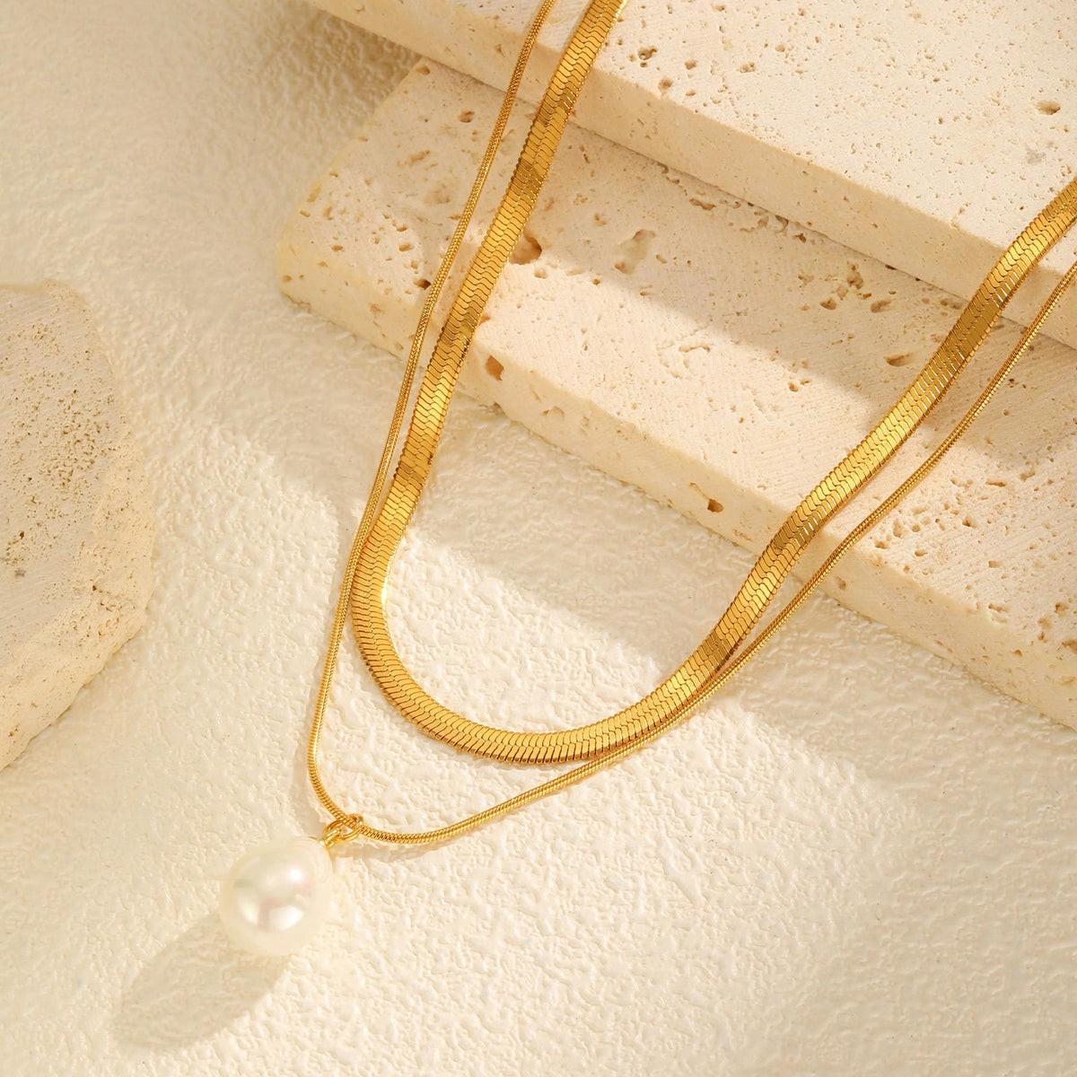 Stainless Steel Water Drop Pearl Double Stacked Necklace Ladies Collarbone Chain