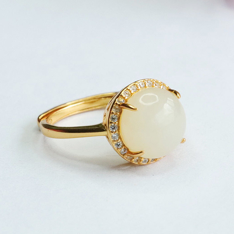 925 Sterling Silver Hetian Jade Round Cabochon Ring