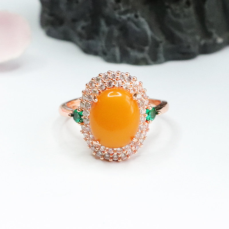 Vintage Russian Amber Ring with Green Zircon Halo