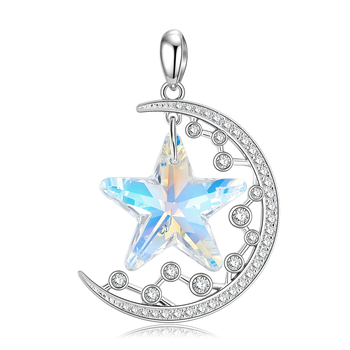 Crescent Moon Five Point Star Zircon Silver Necklace