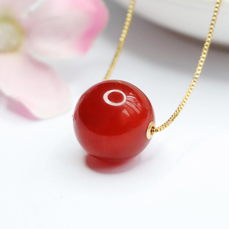 14 mm Red Agate Bead 18K Gold-Set Pendant — No Chain