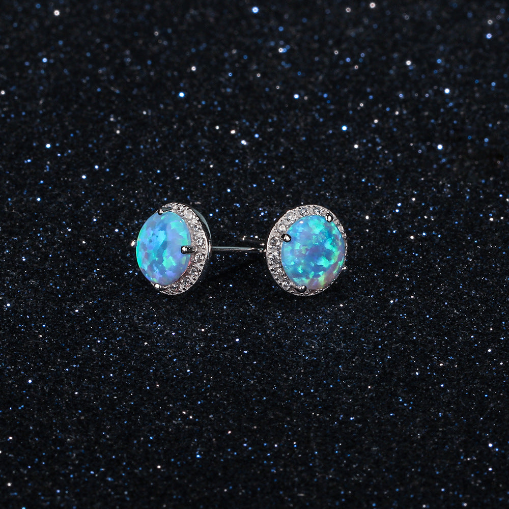 Planderful Jewelry Sterling Silver Opal Stud Earrings with Zircon Halo in Blue Round Opal