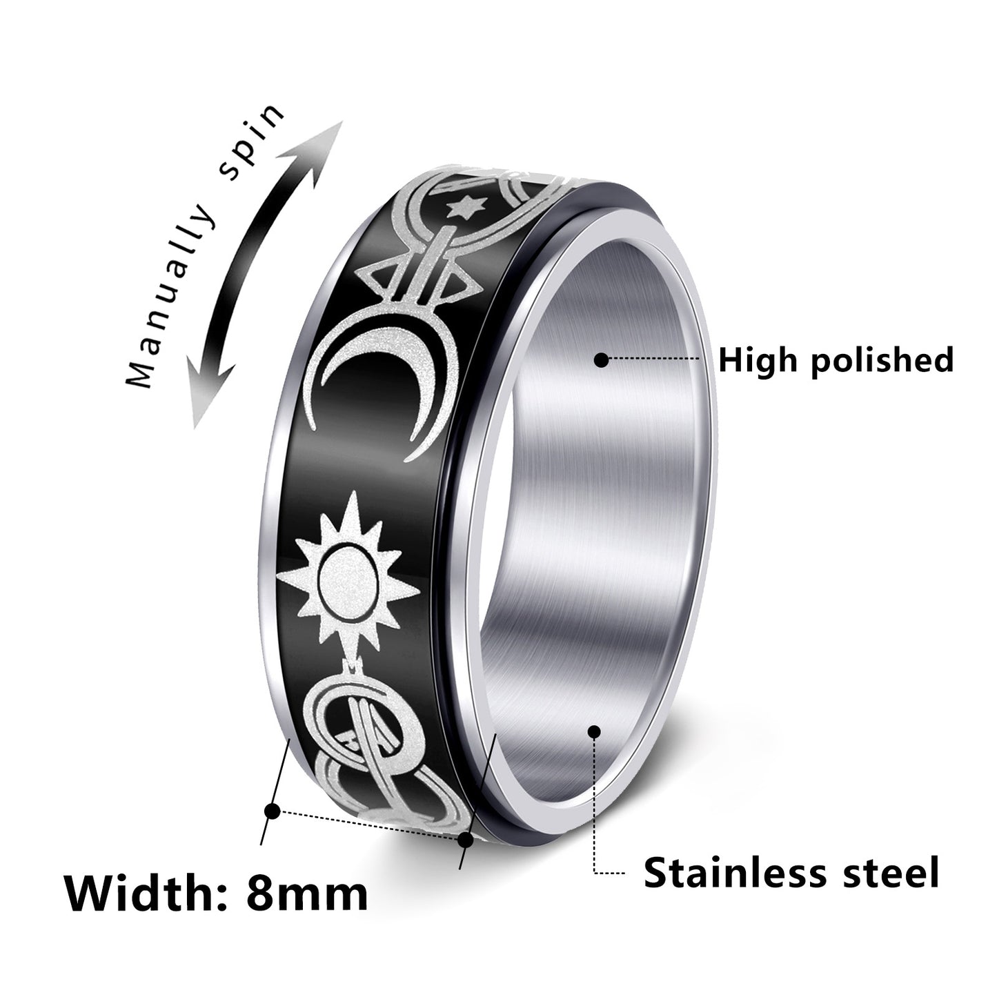 Rotating Star Moon Spinner Ring Planderful Everyday Genie Decompression Jewelry For Men And Unisex