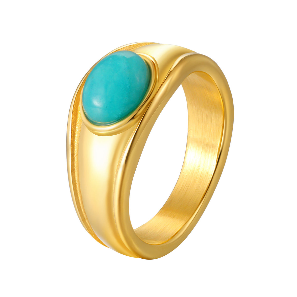 Stainless Steel Oval Egg Surface Tianhe Stone Ring Gold