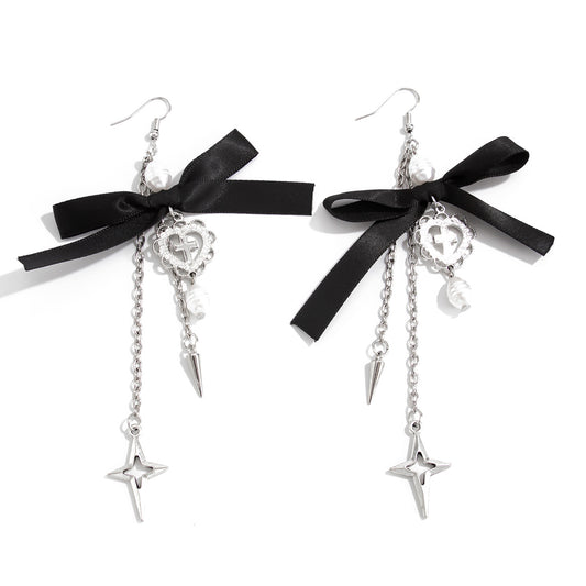 Planderful Vienna Verve Gothic Heart Pendant Earrings Long Fringed Bow Statement For Elegant Women