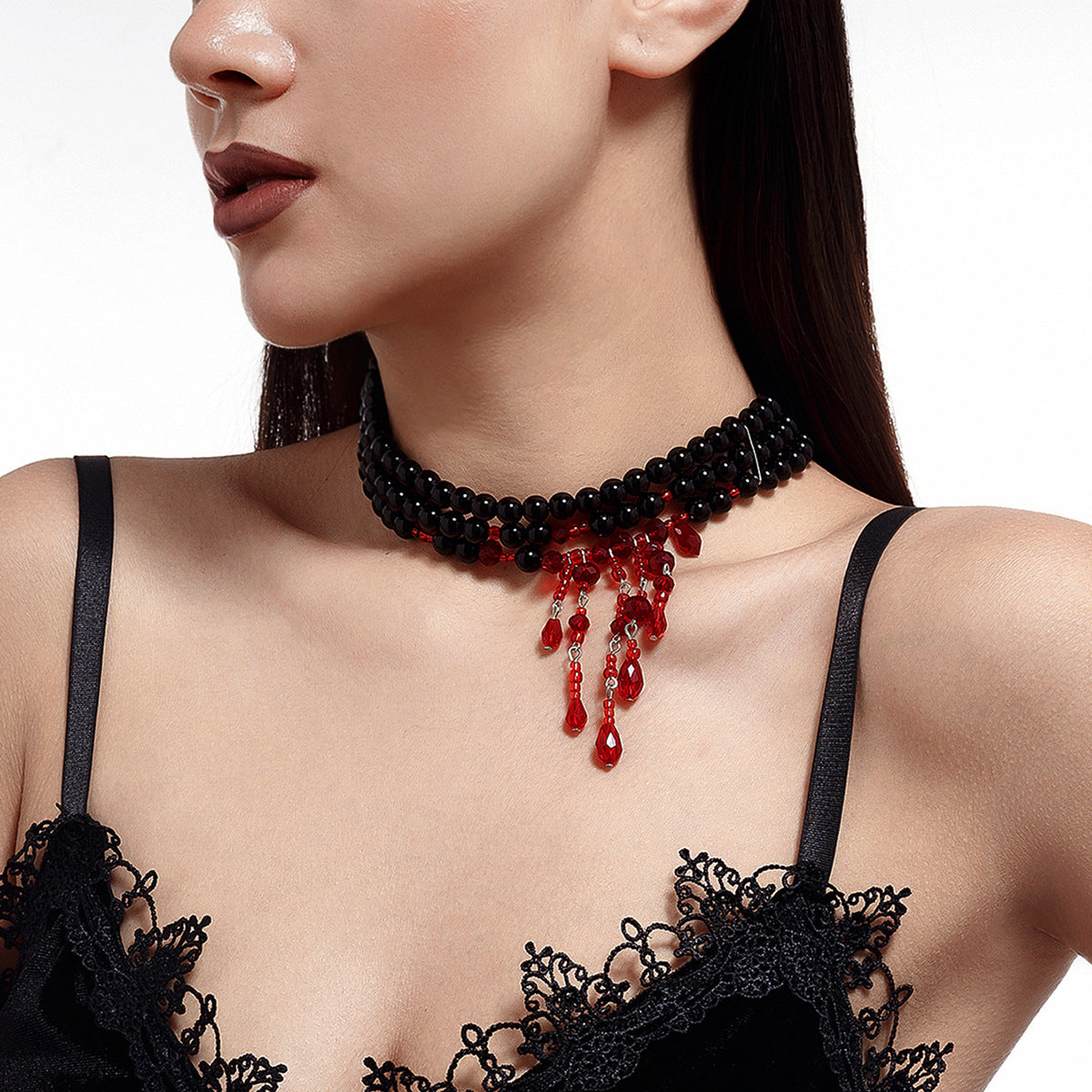 Gothic Pearl Heart Blood-Drip Layered Necklace