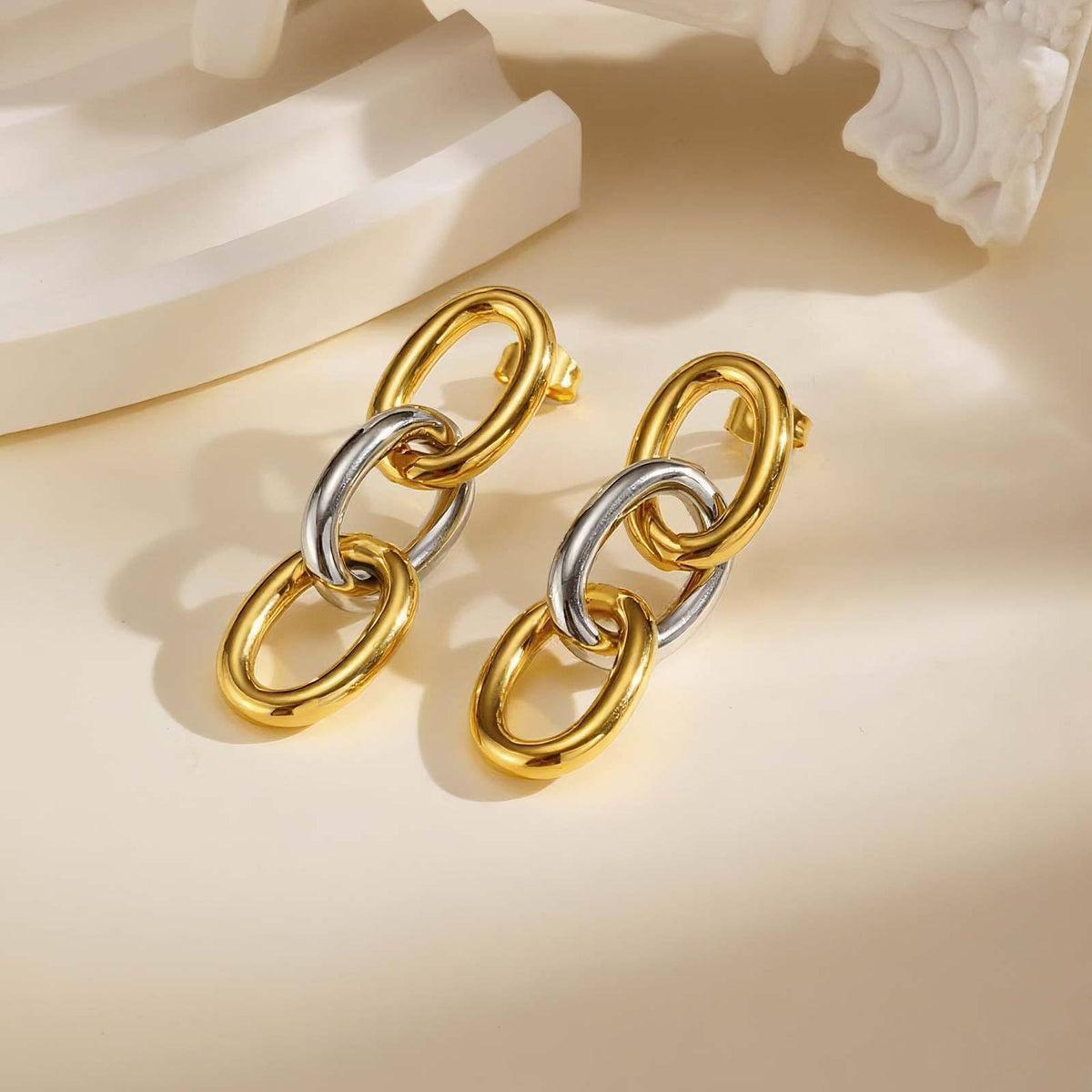 Two-Tone Triple Oval-Link Drop Earrings
