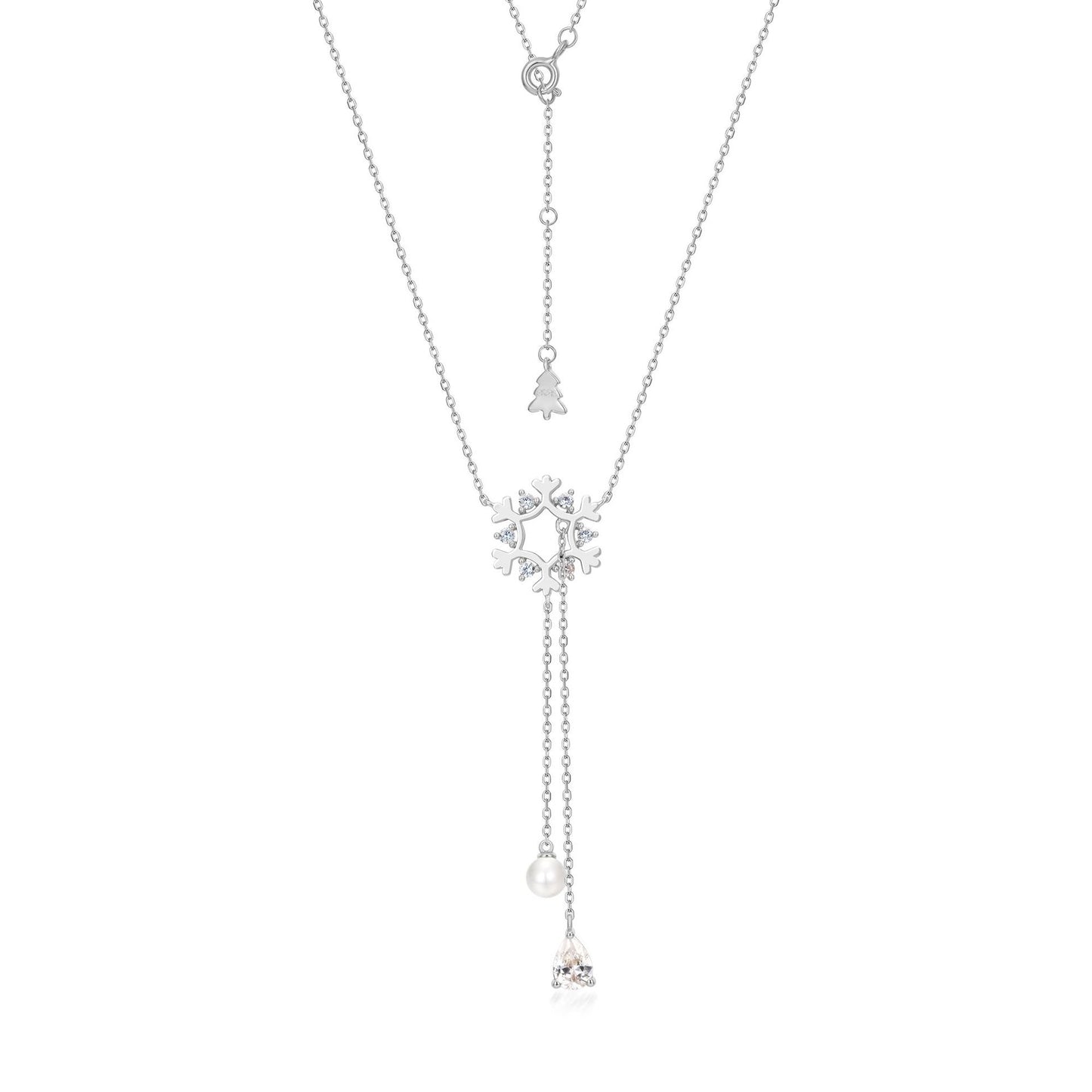 Christmas Zircon Pearl Snowflake Tassel Sterling Silver Necklace