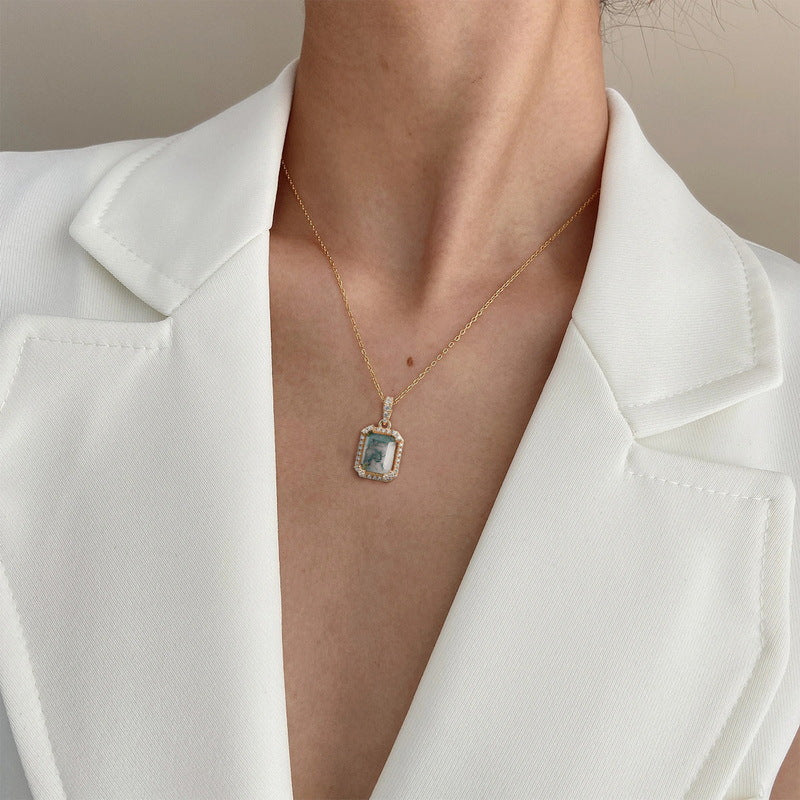 S925 Sterling Silver Moss Agate Pendant Necklace