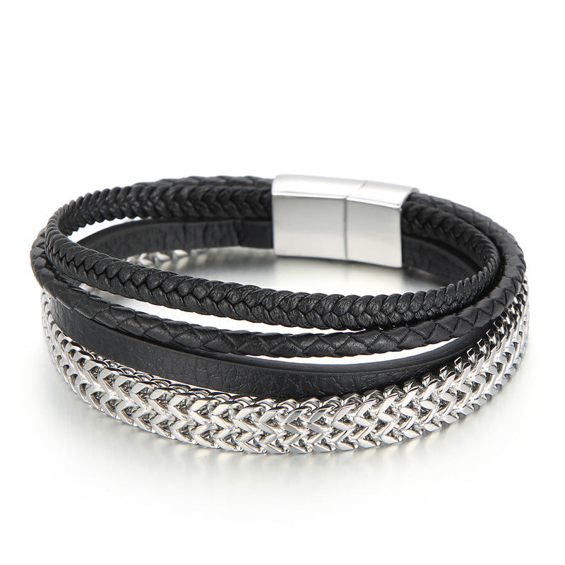 Planderful Men Titanium Steel Chain Cowhide Bracelet Genie