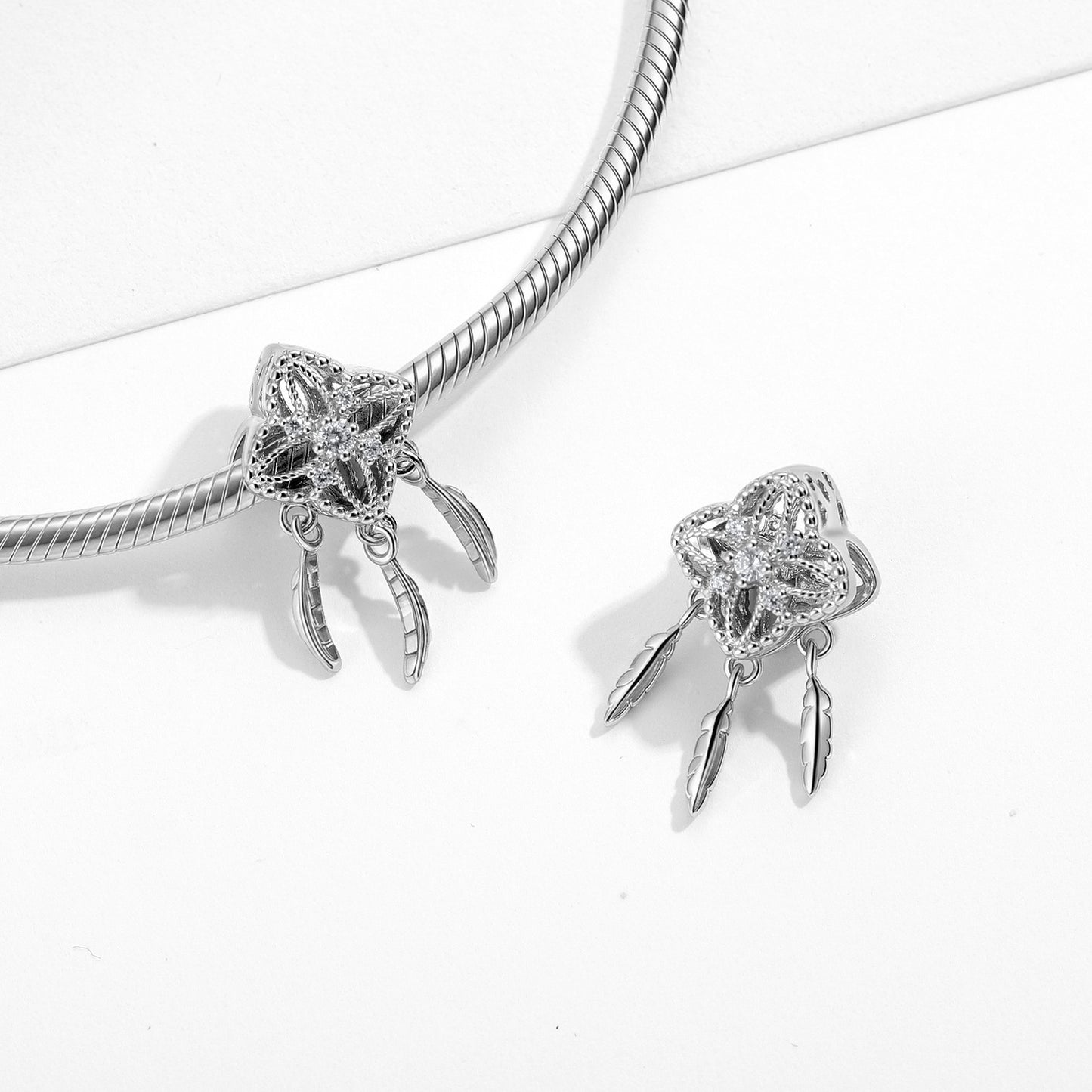 Planderful Jewelry Sterling Silver Beading Pendant Four Leaf Clover Dream Catcher Jewelry Zircon Accent