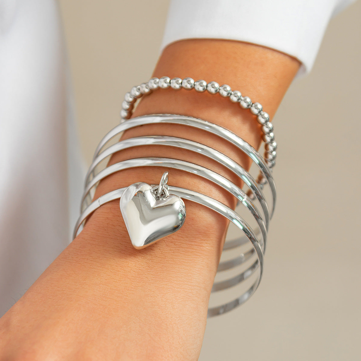Planderful Vienna Verve Heart Pendant Bracelet Set for Women European Style Stacked Bead Statement Jewelry
