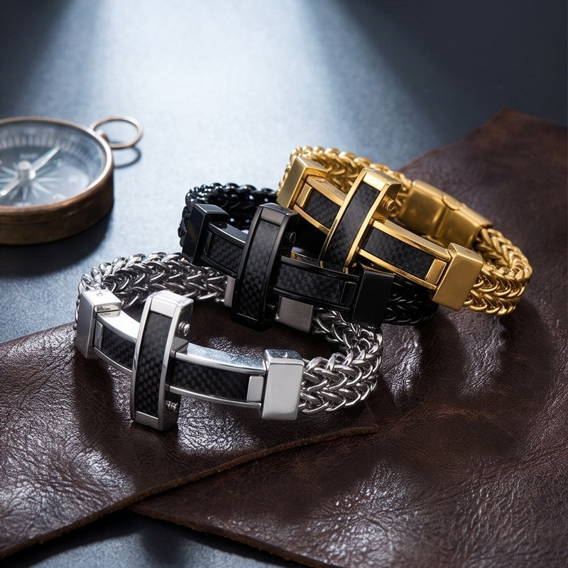 Hip Hop Carbon Fiber Cross Double Layer Front & Back Chains Magnetic Buckle Stainless Bracelet