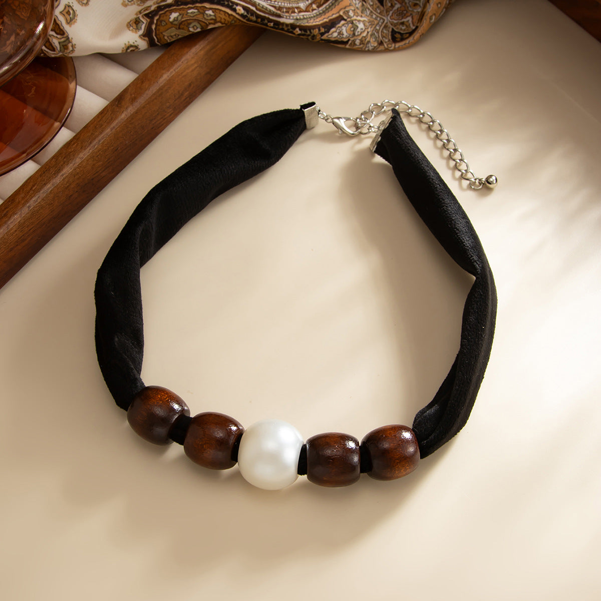 Wood Bead Pearl-Style Collarbone Necklace