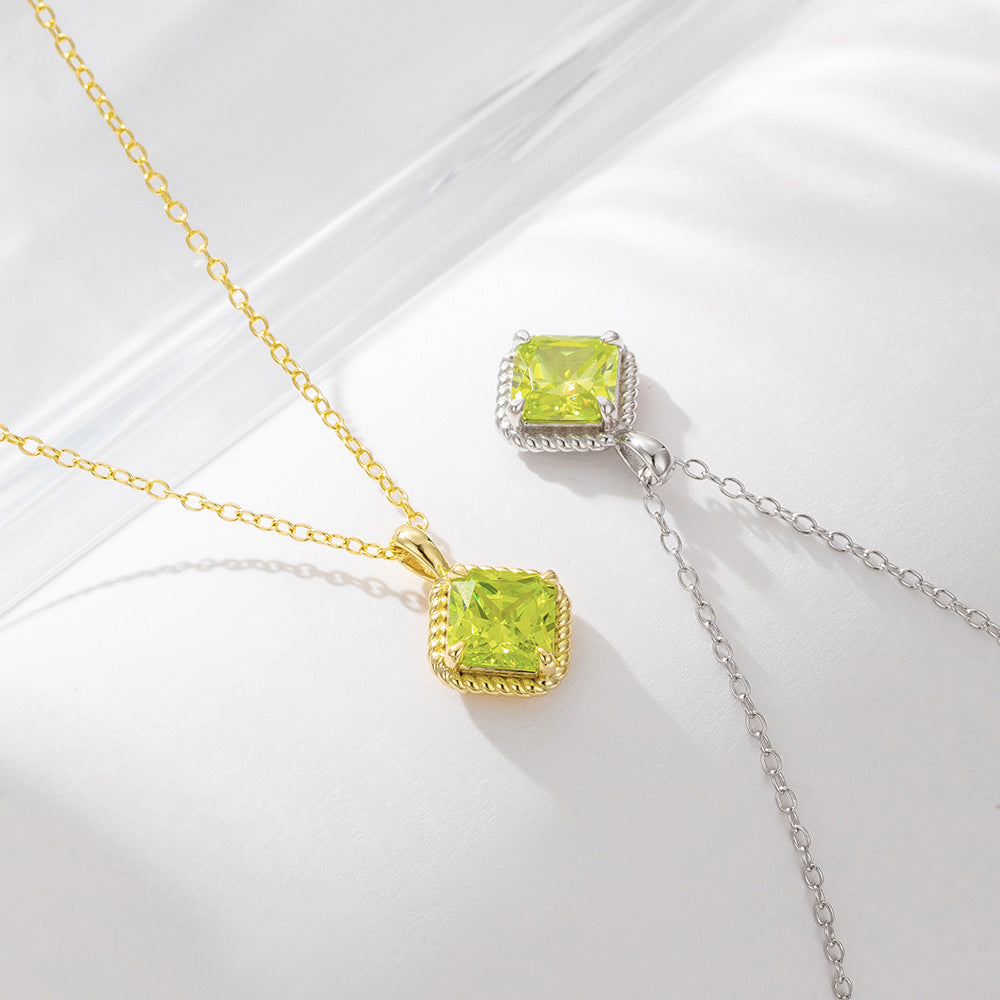 Geometric Square Green Zircon Pendant Necklace S925 Sterling Silver Zircon Necklace