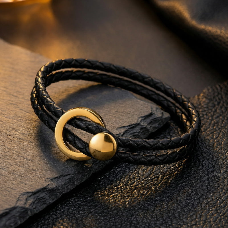 Hand Rope – Stainless Steel Round Buckle Double-Layer Black Leather Men's Bracelet