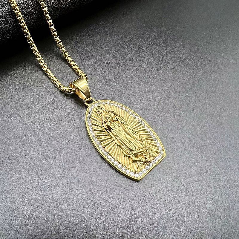 Planderful Virgin Mary Pendant Necklace Titanium Steel Gold Plated Rhinestones For Hip Hop Fans