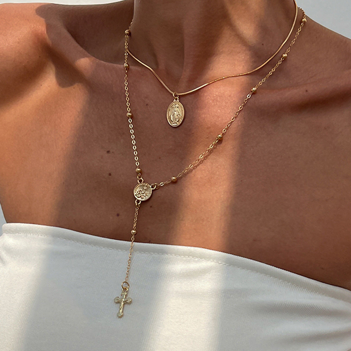 Wind Stacked Cross Fringed Necklace Round Bead Snake Bone Chain Multi-Layer