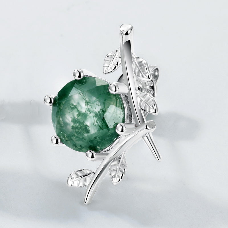 S925 Sterling Silver Moss Agate Olive Branch Stud Earrings