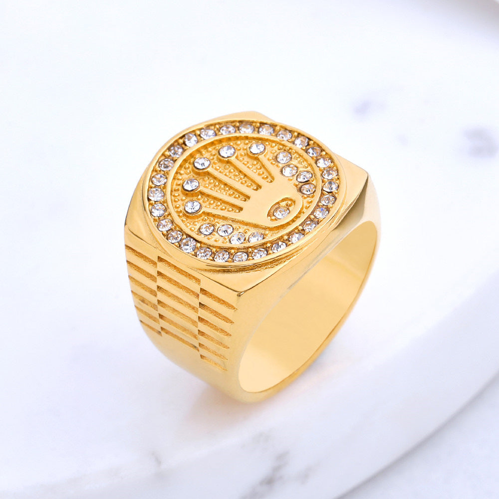European and American Personality Retro Hip Hop Zircon Crown Men's Titanium Steel Ring With Zircon Detail