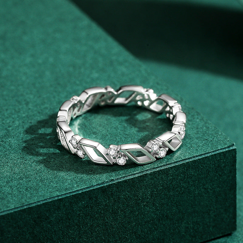 S925 Sterling Silver Geometric Hollow Ring with Zircon, Japanese and Korean Design