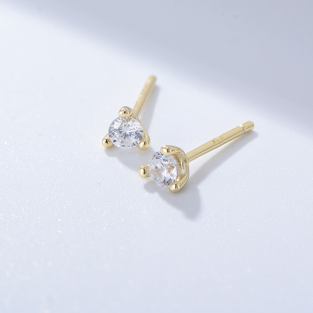 S925 Sterling Silver Three-Claw Round Zircon Stud Earrings Mini Earrings Trinkets