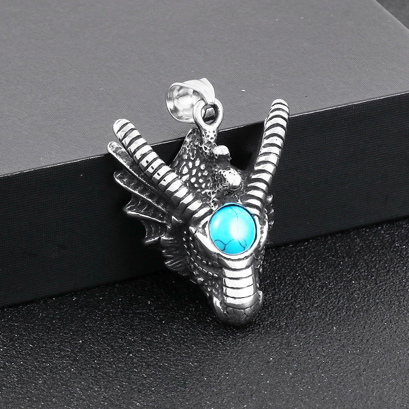 Animal Stainless Steel, Punk Retro Cool Inlaid Turquoise Dragon Pendant For Men Necklace