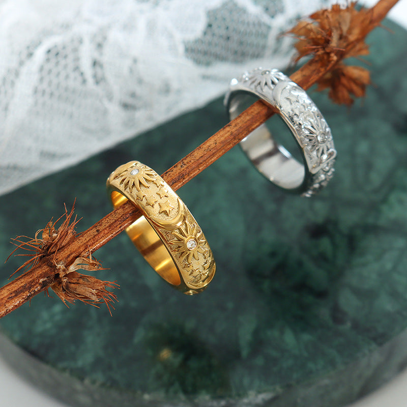 Celestial Sun and Moon Vintage Court Style Zircon Ring in Titanium Steel - 18K Gold Plated Unisex Bands